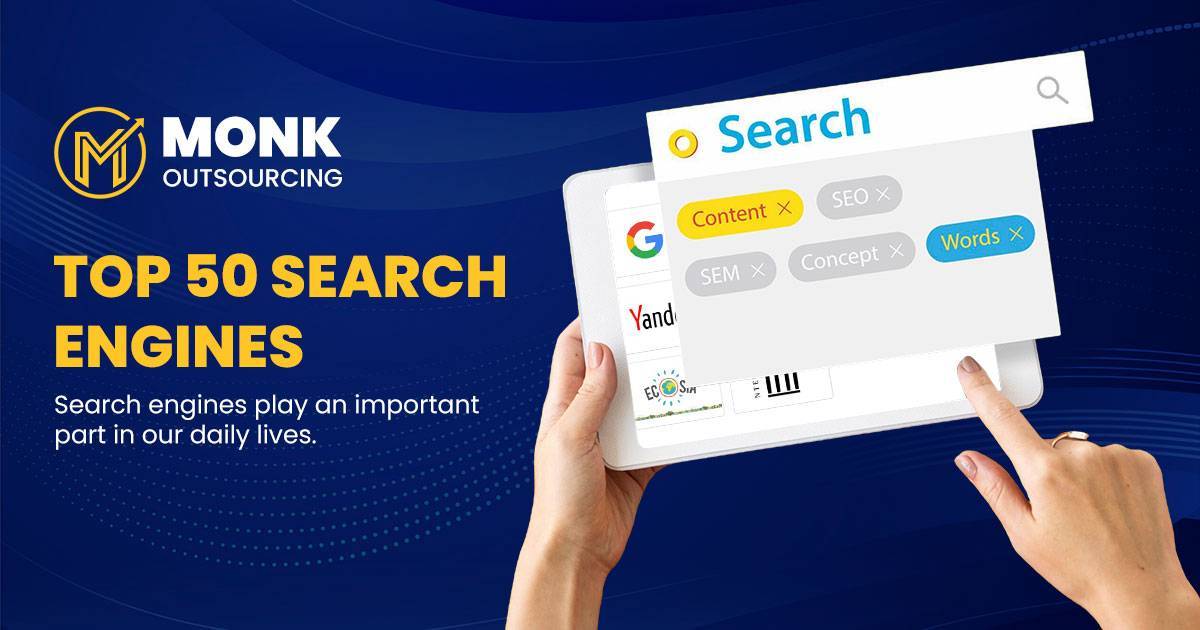 Image showing a hand interacting with a tablet displaying a search engine interface with filters for content, SEO, SEM, and words. The background includes logos of popular search engines like Google and Yandex, with the text 'Top 50 Search Engines' emphasizing their importance in daily life