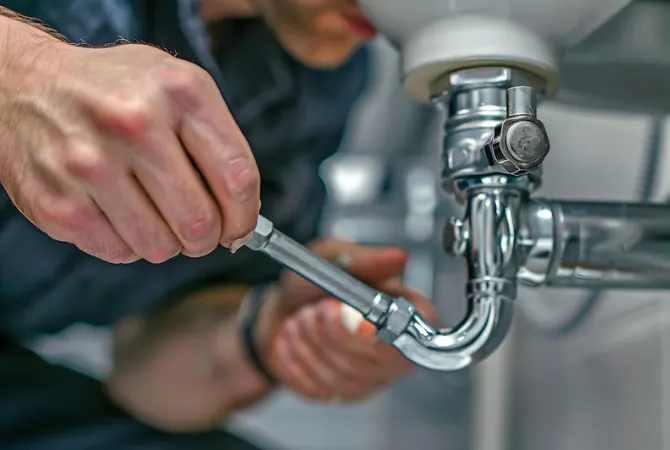 Professional plumber repairing sink drain pipe with wrench, fixing bathroom plumbing system.