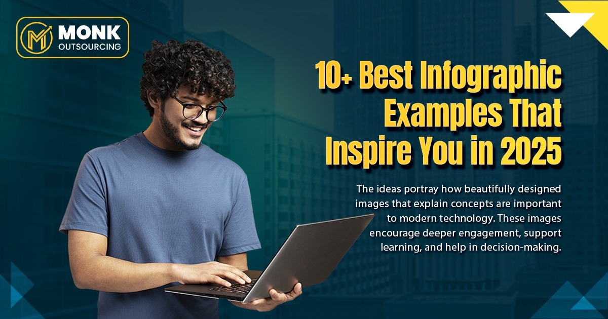 Promotional graphic by MONK OUTSOURCING titled "10+ Best Infographic Examples That Inspire You in 2025." It features a smiling young man with glasses and curly hair working on a laptop in front of a blurred modern city skyline.