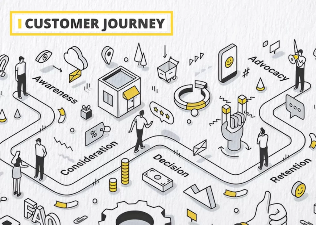 Black and white sketch illustration of the Customer Journey process, highlighting key marketing stages with yellow accents. The stages shown are Awareness, Consideration, Decision, Retention, and Advocacy, with related icons like a shopping cart, a review star, coins, and a megaphone.