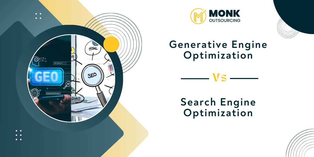 Visual comparing Generative Engine Optimization (GEO) and Search Engine Optimization (SEO), with an image of a digital interface showing 'GEO' on the left and an SEO diagram with HTML and keywords on the right, highlighting the differences between the two optimization methods.