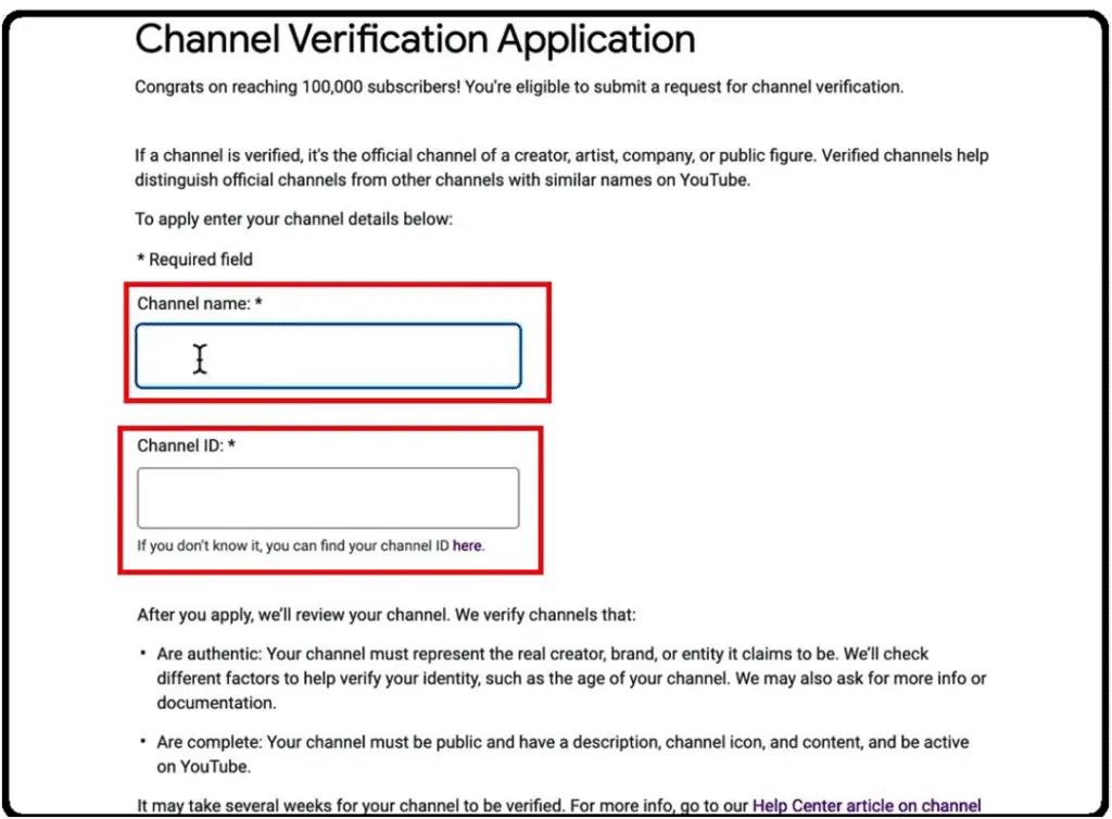 Verification Application Form in YouTube Studio