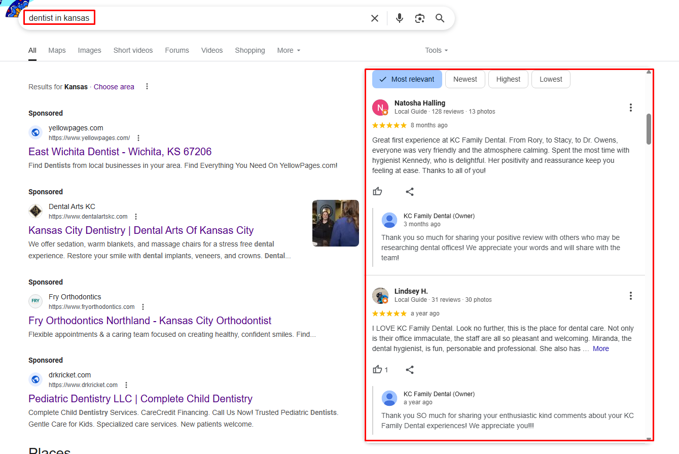 Screenshot of a Google search for 'dentist in Kansas.' On the left, sponsored search results for dentists in Wichita and Kansas City are displayed, including YellowPages, Dental Arts KC, Fry Orthodontics, and Pediatric Dentistry LLC. On the right, a panel shows customer reviews for KC Family Dental, with two highlighted reviews praising the staff, hygienists, and overall dental experience. The search bar at the top displays the query 'dentist in kansas.