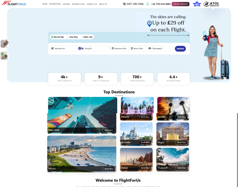 Screenshot of a flight booking website homepage titled ‘FlightForUs’, showing options for round trip, one way, and multi-city bookings, with fields for departure and return dates. The banner advertises up to £29 off flights and features a woman holding luggage. Below are top destinations including New York, Atlanta, Seattle, Orlando, Vegas, Miami, Dubai, and Thailand.