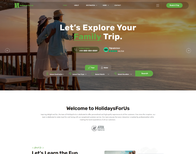travel website homepage titled ‘Let’s Explore Your Family Trip’ showing a family watching the sunset at the beach. The page includes navigation options, a booking search bar, and a welcome message from HolidaysForUs.