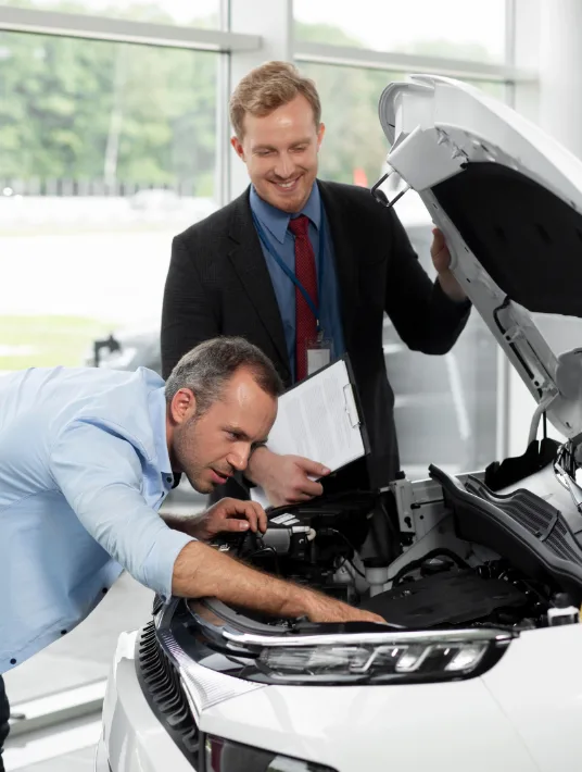 A customer inspecting the engine of a white car while a salesman in a suit smiles and holds a clipboard, in a car showroom