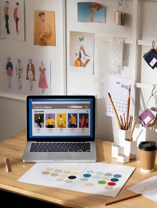 A laptop showing a fashion store website with a variety of clothing displayed. The workspace includes fashion sketches on the wall, a calendar, and a color palette on the desk with pencils and a coffee cup.