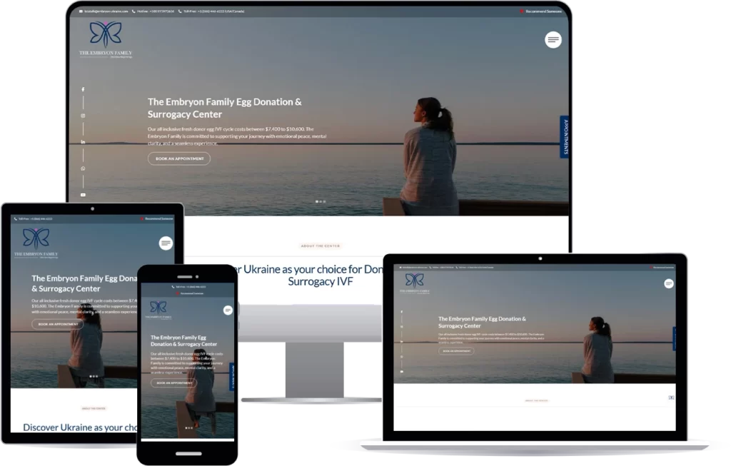 Mockup of The Embryon Family Egg Donation & Surrogacy Center website displayed on multiple devices, including a desktop, tablet, and smartphone, with a background image of a person gazing out at the water.