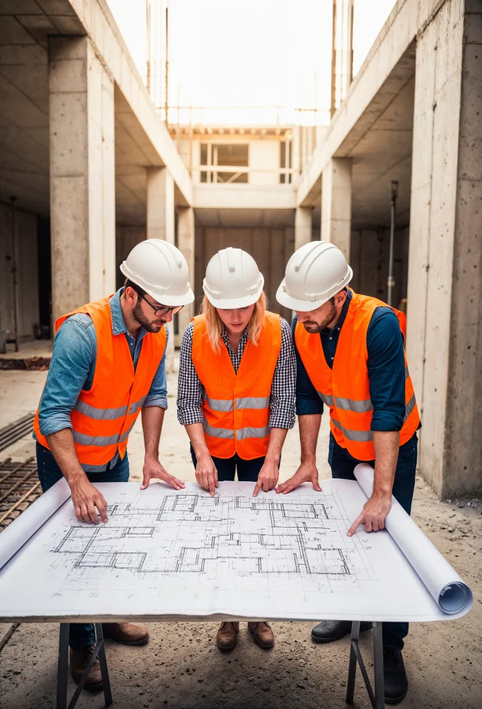 Three construction workers, wearing orange vests and helmets, closely examining blueprints on a construction site