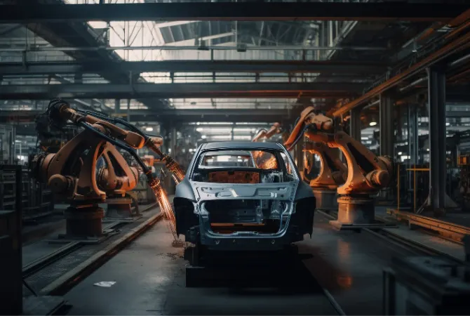 A car being assembled in an automotive factory with robotic arms working on the vehicle frame in a well-lit production line.
