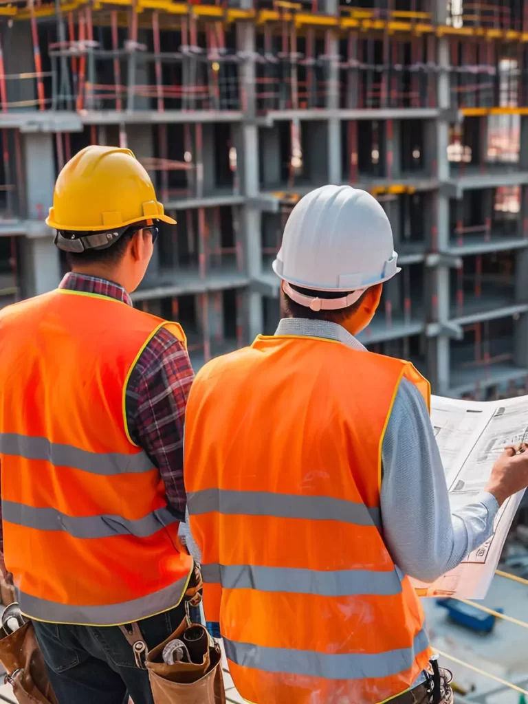 Two construction workers wearing safety vests and helmets, one holding blueprints, while looking at the construction site of a building under development