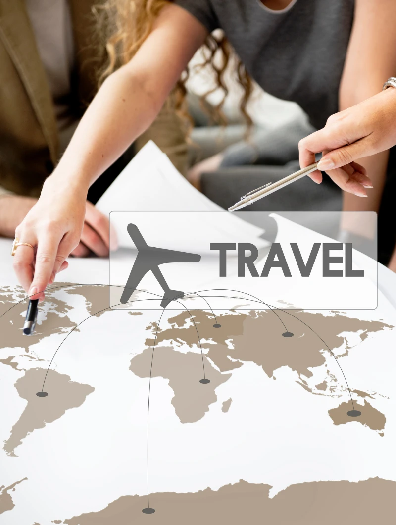 Two people marking locations on a world map with pens, with a 'Travel' icon and lines connecting different global destinations.