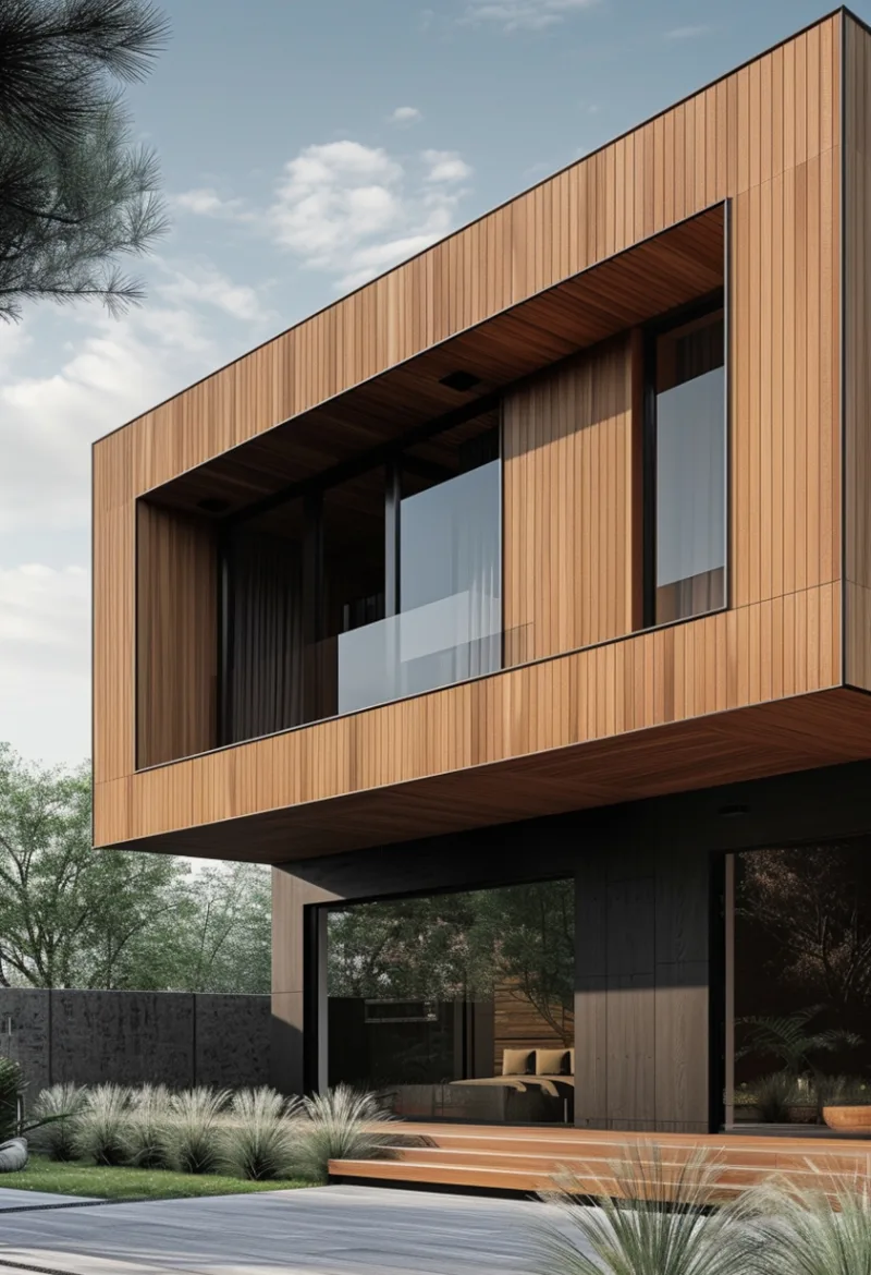 A modern wooden house with large glass windows and a balcony. The architecture features clean lines, natural wood panels, and a spacious outdoor area with plants and steps leading up to the entrance.