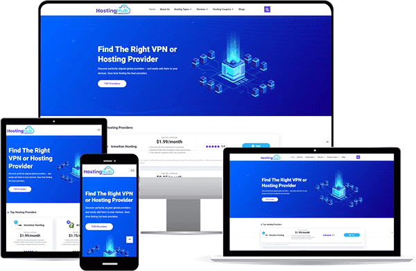 Mockup of the Hosting Hub website displayed on multiple devices, including a desktop, tablet, smartphone, and laptop, with the headline 'Find The Right VPN or Hosting Provider.