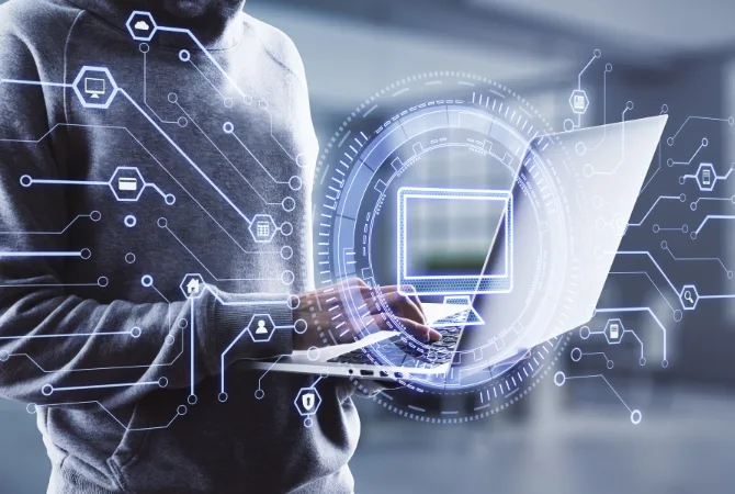 A person is using a laptop while digital icons and circuits hover around, symbolizing the concept of information technology or digital communication.