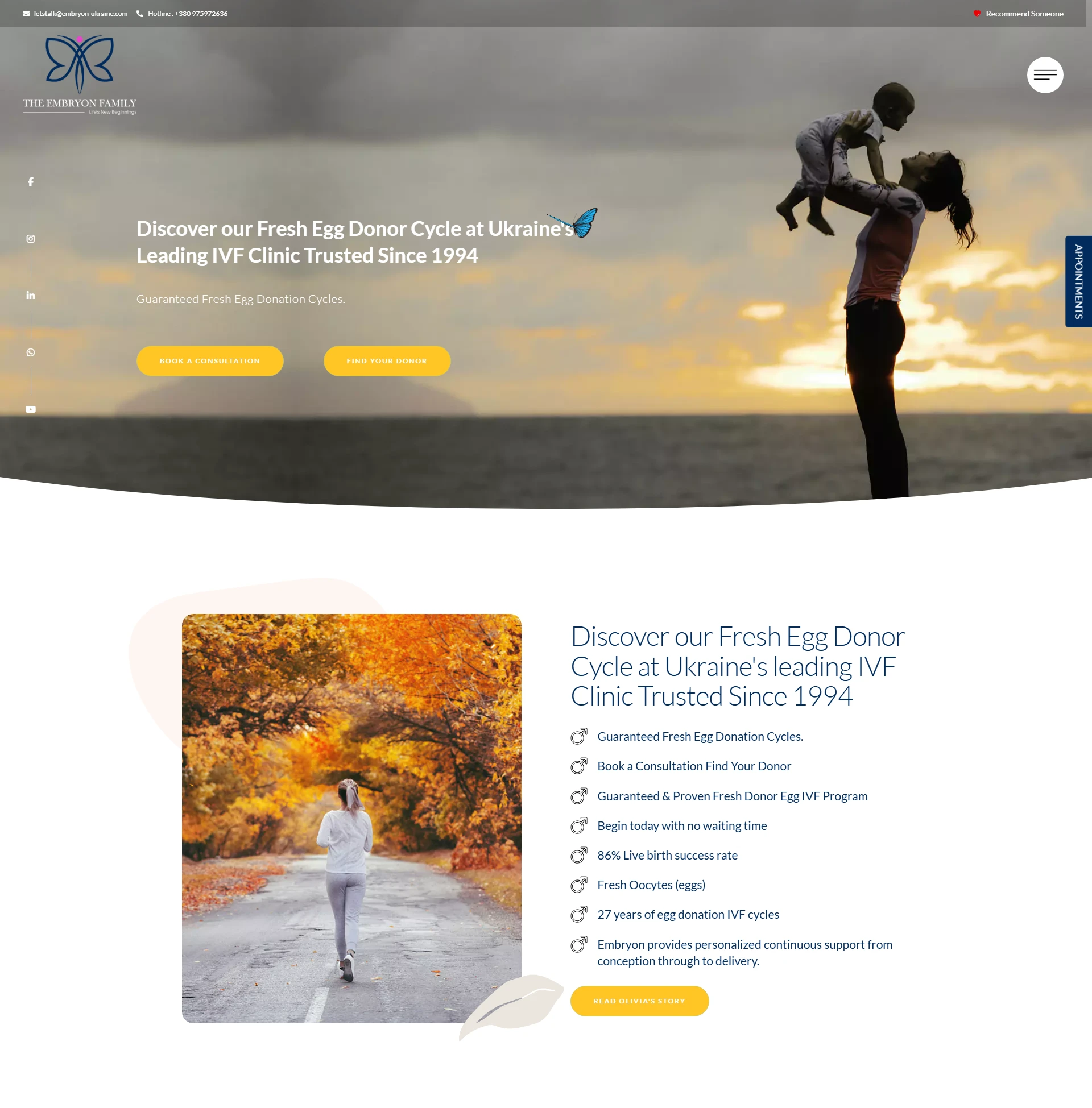 A person holding a child in the air while standing on a beach, against the backdrop of a sunset. Below the image, there’s a smaller photo of a woman jogging on a scenic, tree-lined road during the fall season.