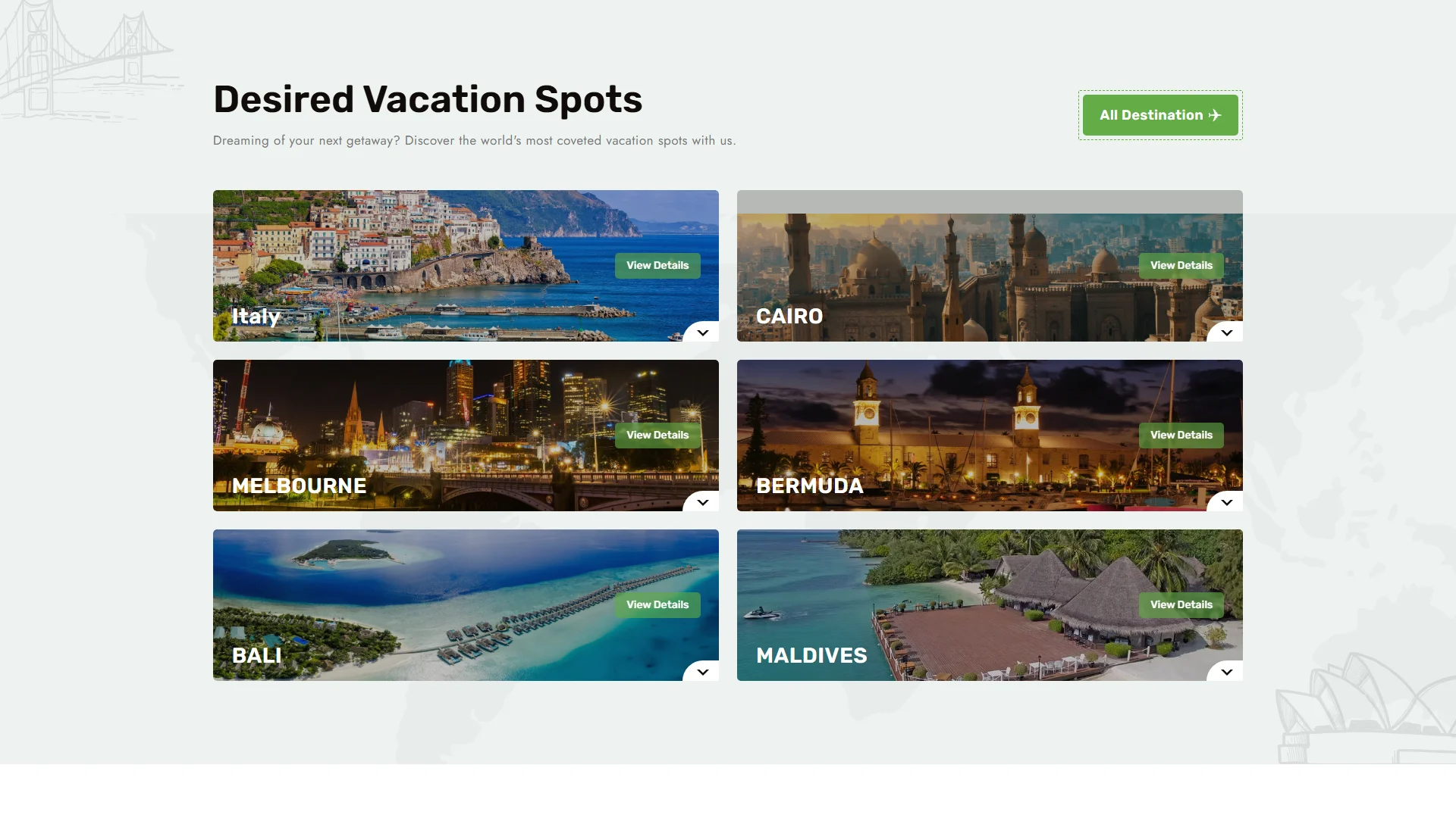A screenshot of the "HolidaysForUs" website showcasing several vacation destinations. The destinations include Italy, Melbourne, Bali, Cairo, Bermuda, and the Maldives. Each destination has an image with a "View Details" button below.