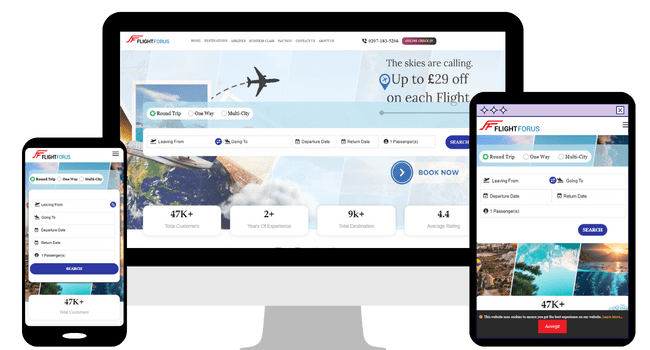 FlightForUs responsive website design displayed on desktop and mobile devices showing flight booking interface