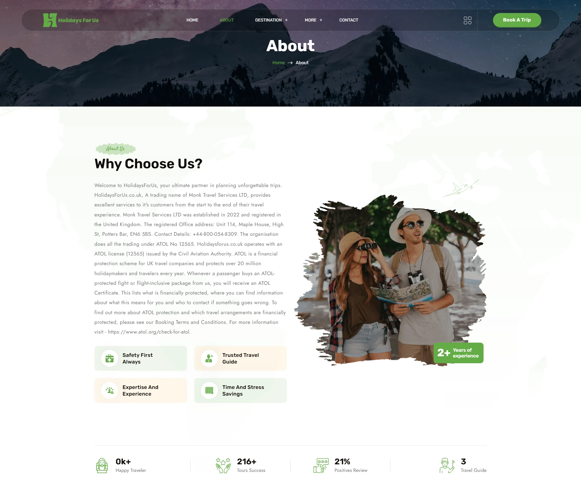 A screenshot of the "Why Choose Us" section from the "HolidaysForUs" website. It includes a header with the question "Why Choose Us?" and information about the company Monk Travel Services LTD, detailing its services and providing highlights such as Safety First Always, Trusted Travel Guide, Expertise and Experience, Time and Stress Savings, and other statistics like "216+ Tours Success" and "21% Positives Review". The image also features a couple standing with a map against a backdrop of snow-capped mountains.