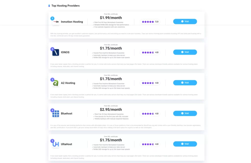 A comparison of top hosting providers with pricing and star ratings, including Inmotion Hosting, IONOS, A2 Hosting, Bluehost, and UltaHost.