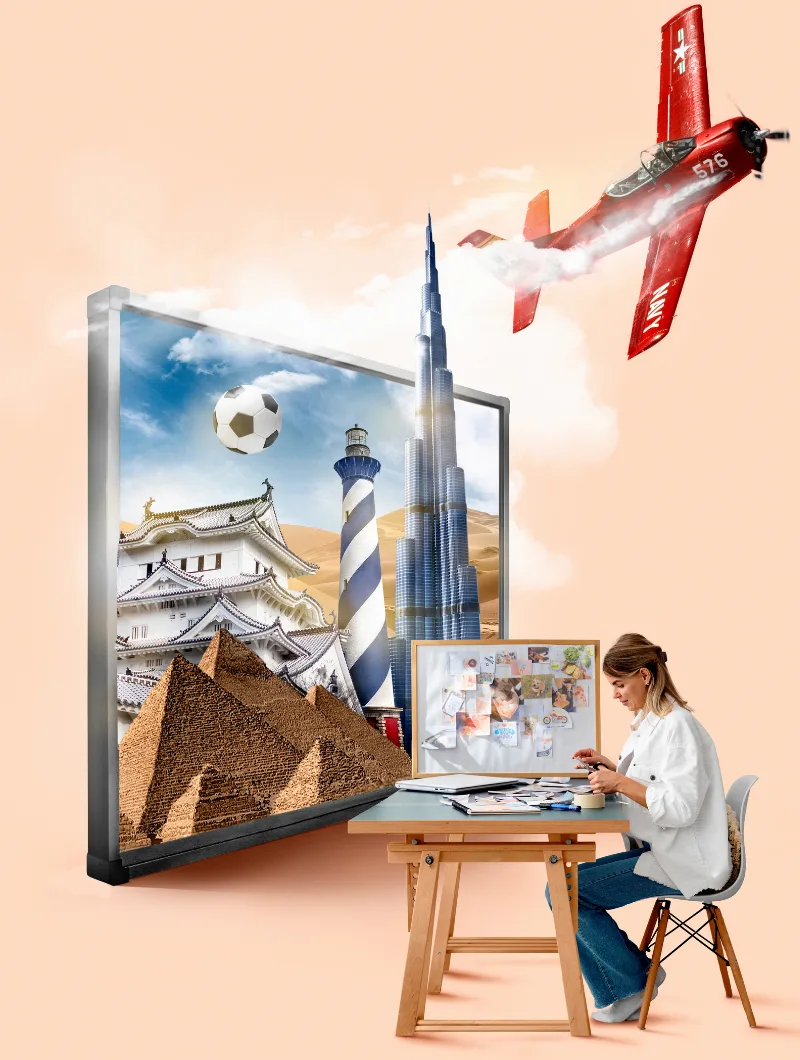 A creative illustration showing a woman sitting at a desk, working on a collage while a framed image of various landmarks like pyramids, a lighthouse, and the Burj Khalifa floats nearby. A red airplane flies above, leaving a trail in the sky.