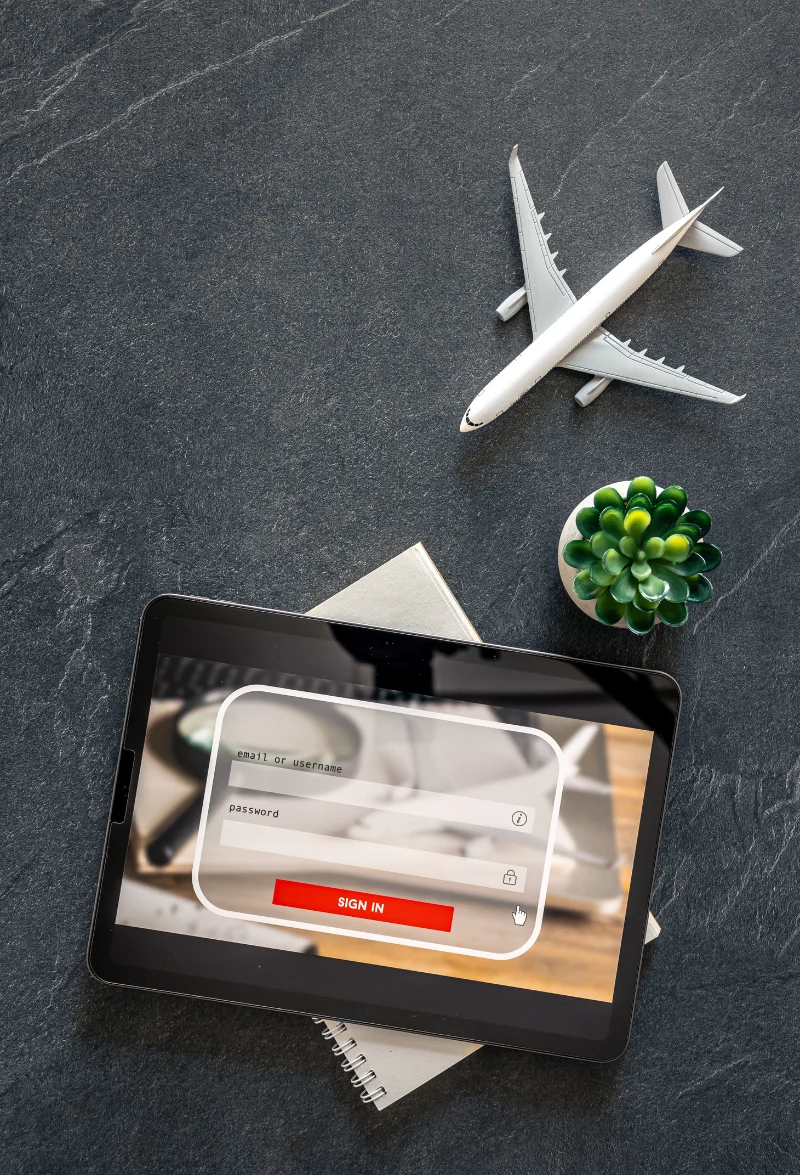 Two people marking locations on a world map with pens, with a 'Travel' icon and lines connecting different global destinations.