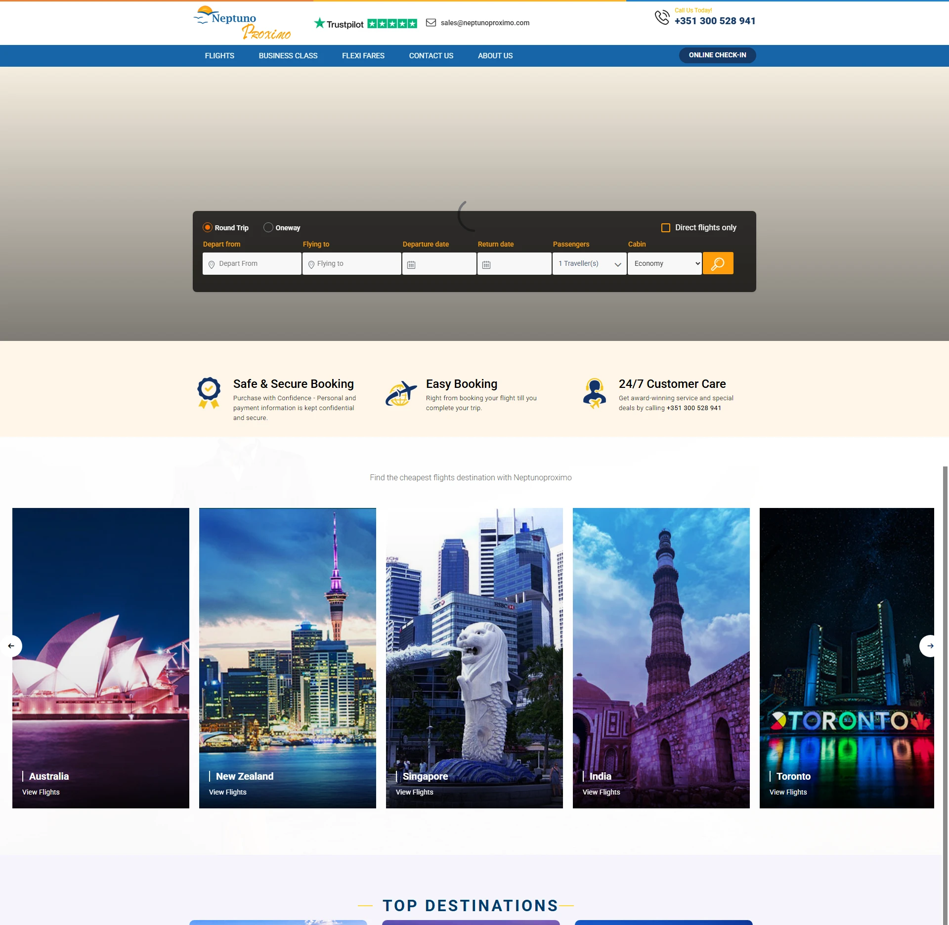 Flight booking website homepage with a search form for booking flights, offering round-trip or one-way options, and features like safe and secure booking, easy booking, and 24/7 customer care. Below, images of popular destinations like Australia, New Zealand, Singapore, India, and Toronto with 'View Flights' options