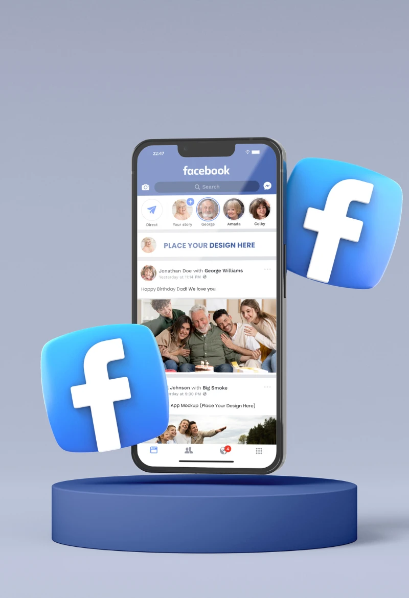 A 3D mockup of a smartphone displaying a Facebook feed, featuring posts, profile pictures, and a blue Facebook logo. The phone is placed on a round blue platform, with two floating Facebook logo icons on either side. The background is a soft gradient of blue.