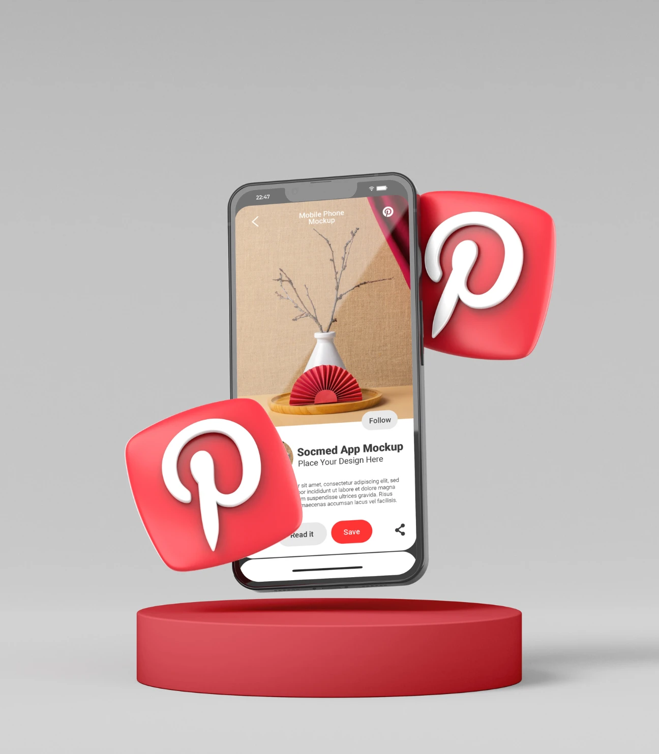 A 3D mockup of a mobile phone displaying Pinterest, with floating Pinterest logo icons and a red platform background.