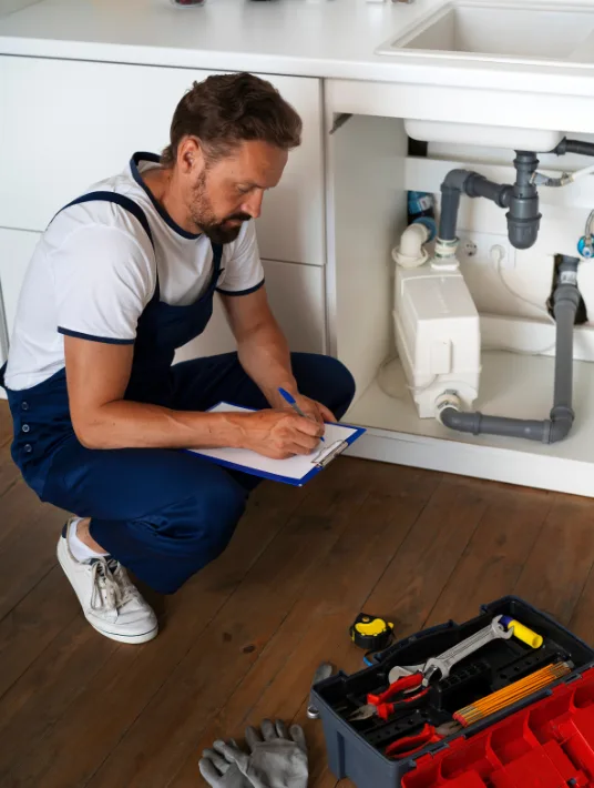A plumber in blue overalls is kneeling on the floor, writing on a clipboard while inspecting the plumbing under a kitchen sink. A toolbox with various tools is visible on the floor beside him.