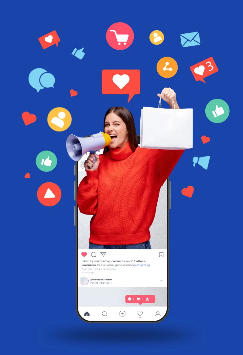 A smartphone displaying an Instagram post with floating social media icons, featuring a person with a megaphone and shopping bag, set against a blue background.