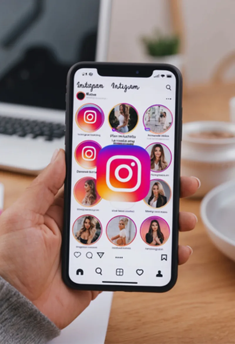A person holding a smartphone displaying an Instagram profile with multiple circular profile pictures and the Instagram logo in the center. The app interface includes various features such as posts and story highlights, with a blurred background indicating a casual setting.