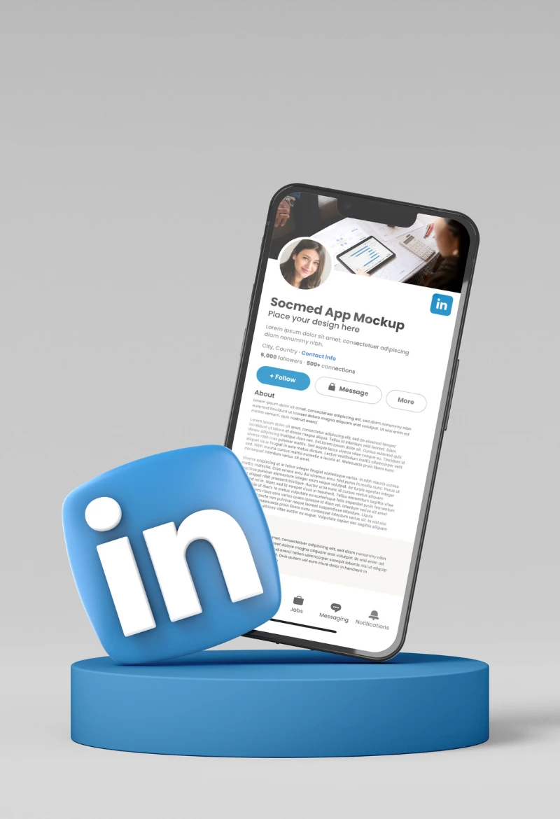 A 3D mockup of a mobile phone displaying a LinkedIn profile, with the LinkedIn logo on a blue platform.
