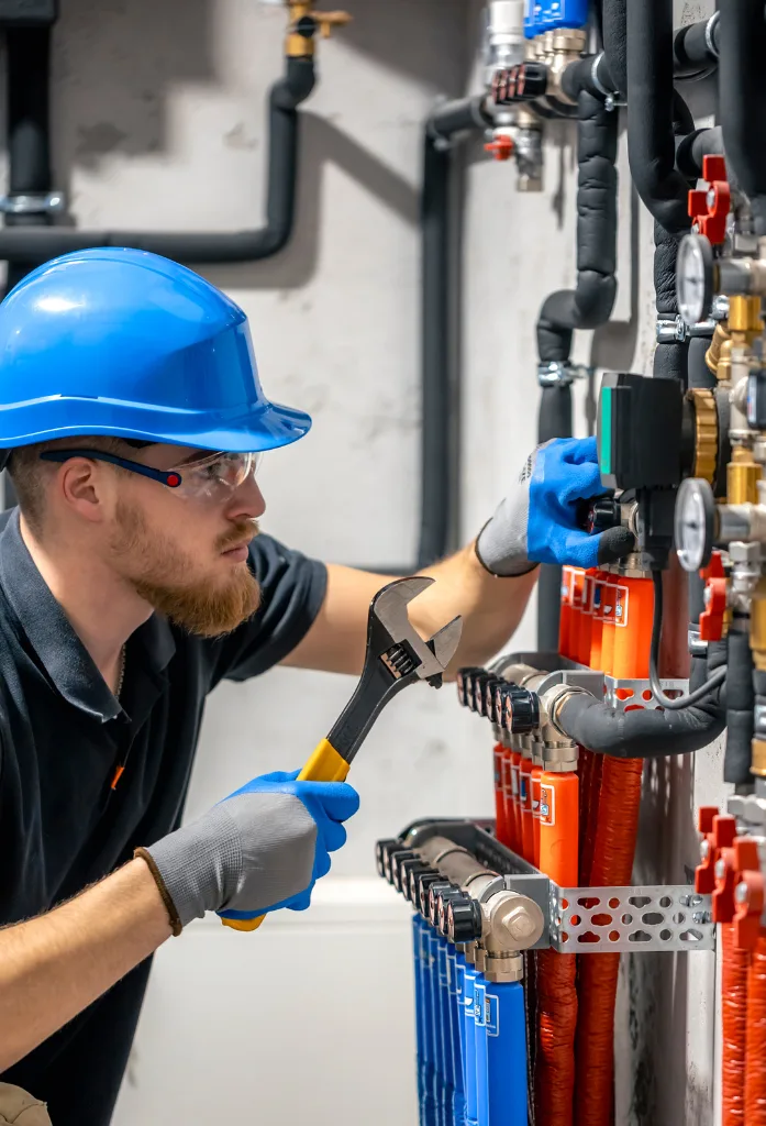 A plumber wearing a blue hard hat and safety glasses is using an adjustable wrench to work on a complex network of pipes and valves. The pipes are color-coded in red and blue, and the background shows industrial plumbing systems.