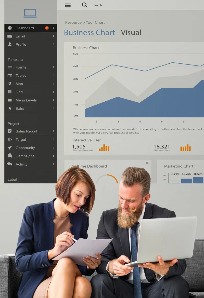 Business professionals analyzing marketing charts and sales data on a laptop with a digital business dashboard in the background.