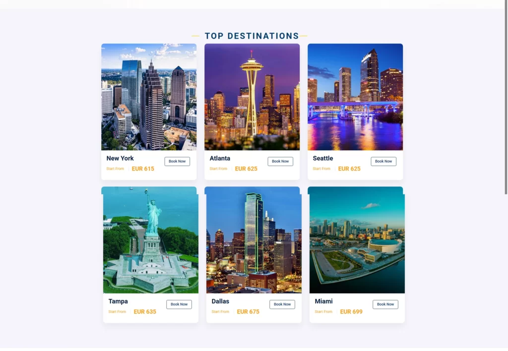 Holiday deals page showcasing trending vacation packages, including options for the Caribbean, Italy, London, and a Beach Holiday. The page also features a 30% off summer special, along with images of popular landmarks like the Statue of Liberty, the Eiffel Tower, and the Burj Khalifa, with pricing and booking options."