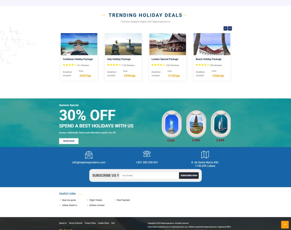 Holiday deals page showcasing trending vacation packages, including options for the Caribbean, Italy, London, and a Beach Holiday. The page also features a 30% off summer special, along with images of popular landmarks like the Statue of Liberty, the Eiffel Tower, and the Burj Khalifa, with pricing and booking options."