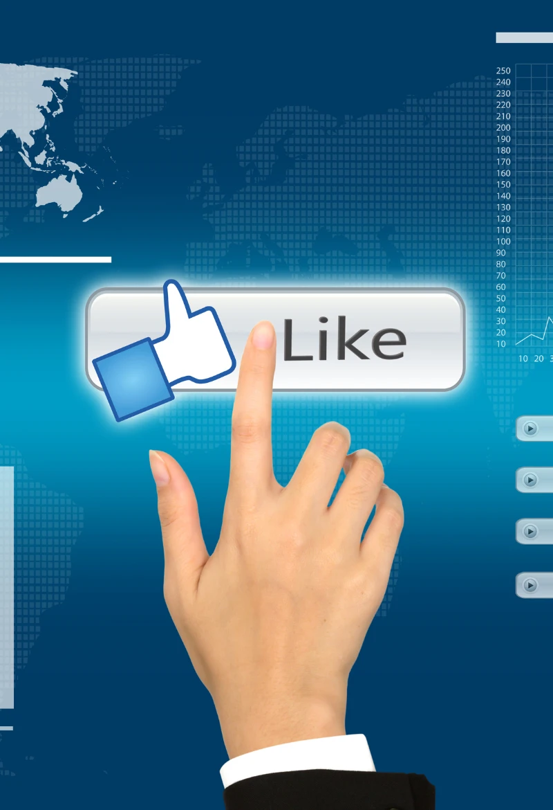 Image showing a hand clicking a 'Like' button with a thumbs-up symbol, symbolizing engagement and social media interaction, with a background featuring global data charts and graphs, representing PPC outsourcing and digital marketing performance analytics