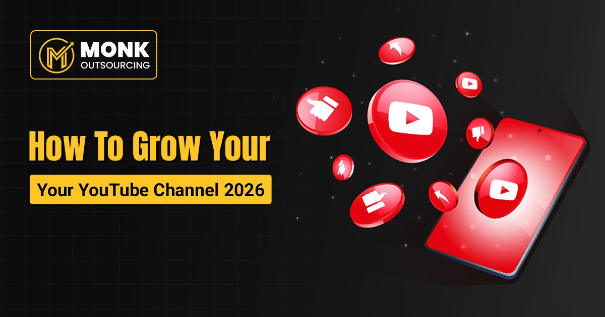 How to get more views on YouTube and grow your channel in 2026 – Monk Outsourcing blog banner with red YouTube icons and mobile screen on black background.
